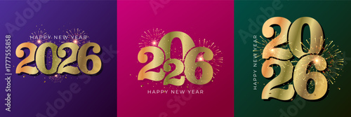 A golden three card set design for Happy New Year 2026 with a vibrant fireworks background.