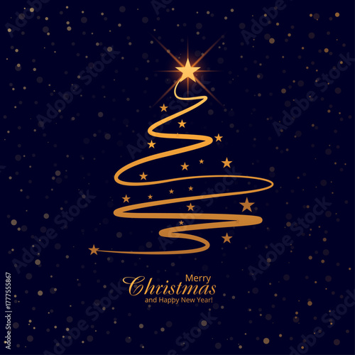 Elegant Golden Spiral Christmas Tree with Shining Stars on Deep Blue Night Sky — Festive Holiday Greeting Design for Christmas Cards, Winter Celebration, and Seasonal Backgrounds