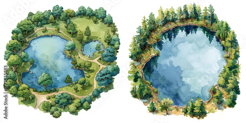 top view of lake watercolor vector illustration