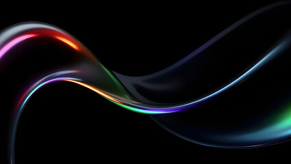 Black dark abstract background. Iridescent fluid glass wave. Prism shape 3D render. Smooth curve transition. Rainbow light flare. Bright glow shimmer. Neon metallic futuristic blur texture
