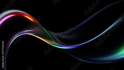Black dark abstract background. Iridescent fluid glass wave. Prism shape 3D render. Smooth curve transition. Rainbow light flare. Bright glow shimmer. Neon metallic futuristic blur texture
