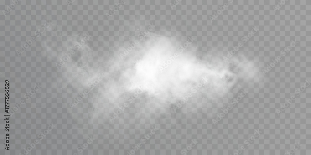 Naklejka premium Realistic soft white smoke cloud on transparent background, airy mist element for weather, magic, explosion or decor scenes.