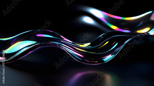 Black dark abstract background. Iridescent fluid glass wave. Prism shape 3D render. Smooth curve transition. Rainbow light flare. Bright glow shimmer. Neon metallic futuristic blur texture
