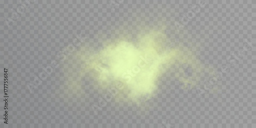 Realistic soft green smoke cloud on transparent background, airy foggy element for weather, magic, explosive decorative scenes.