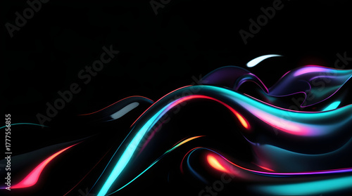 Black dark abstract background. Iridescent fluid glass wave. Prism shape 3D render. Smooth curve transition. Rainbow light flare. Bright glow shimmer. Neon metallic futuristic blur texture
