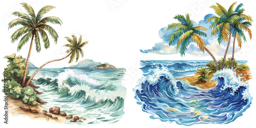 waves and palm tree lanscape watercolor vector illustration