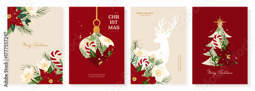 Modern Christmas card set featuring reindeer, poinsettia and holiday decorations in an elegant red and gold palette. Vector illustration