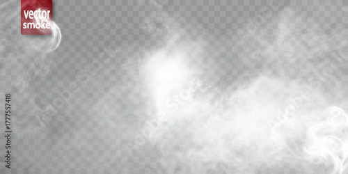 Realistic soft white smoke cloud on transparent background, airy mist element for weather, magic, explosion or decor scenes.	