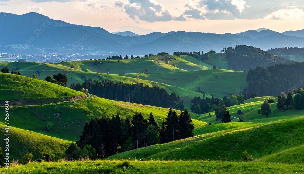 Fototapeta premium Rolling green hills dotted with trees, under a cloudy sky, with distant mountains providing a serene backdrop