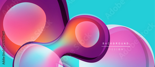 Abstract fluid shapes, vibrant colors blend. Turquoise background complements purple, pink gradients. Modern design element.