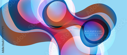 Abstract fluid shapes overlap, creating vibrant color gradients. Blue background enhances dynamic composition. Modern design element.