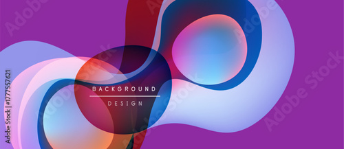 Abstract fluid shapes overlap, creating vibrant color gradients. Purple background enhances dynamic visual effect. Modern design element.