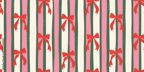 Christmas seamless pattern with hand-drawn red bows on a vertical striped background. Festive holiday design in red, pink, and green for wrapping paper or textile print, vector illustration.