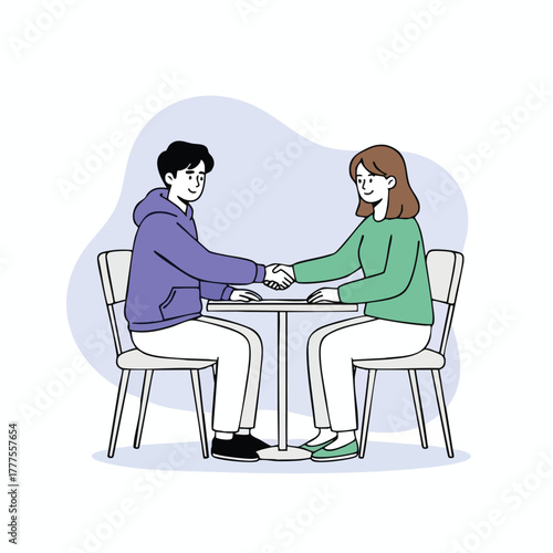 Flat line illustration of two people shaking hands across a table for business agreement or partnership concept.