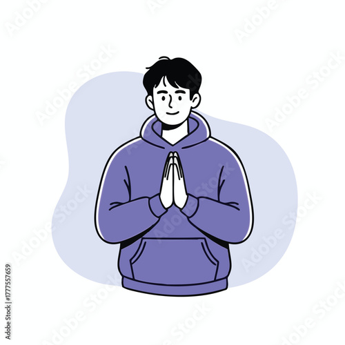 Illustration of a young person in purple hoodie making a Namaste greeting gesture