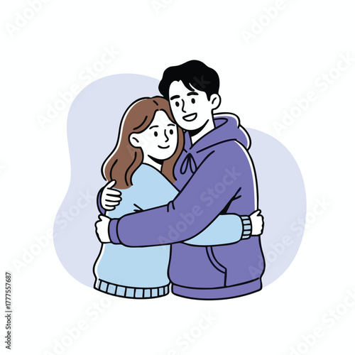 Happy young couple hugging tightly in a friendly flat illustration style.