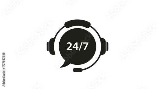 Black icon of a headset with a speech bubble displaying 24/7 on a white background