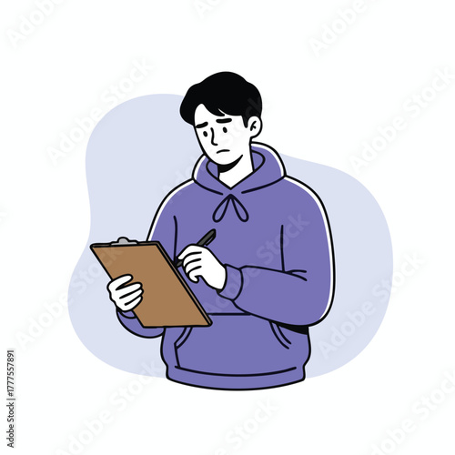 Young man in a purple hoodie seriously reviewing documents on a clipboard, flat vector illustration.