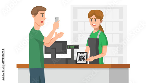 Man paying with mobile phone at a store counter with a cashier