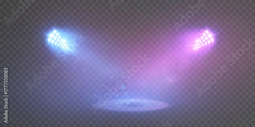 Blue-violet spotlights create a vibrant stage and stadium effect with a soft, smoky, shimmering bokeh. Spotlights for background overlays. Vector.