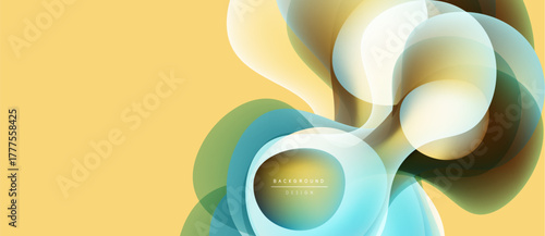 Abstract shapes overlap, creating luminous effect. Yellow background complements flowing forms, soft gradients present. Modern design element.