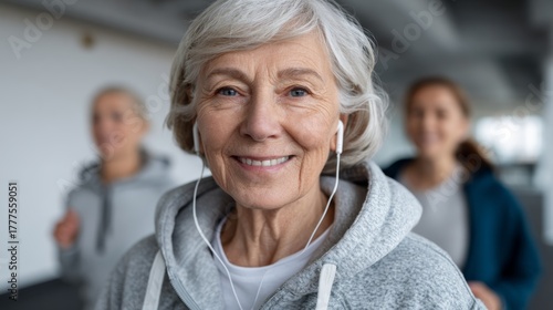 Community workout older women engaging in warmup exercises for health and activity in a gym environment