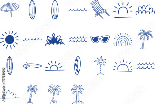 Trendy summer beach doodles featuring surfboards, palms, sun and relaxation vibes