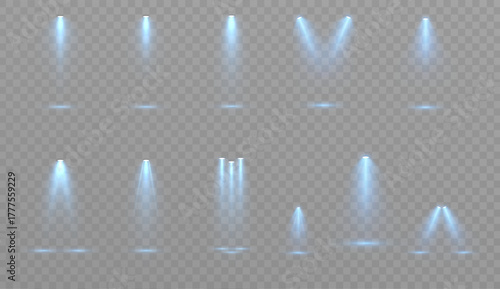 A set of cold blue spotlight beams on a transparent background for stage lighting, light overlays, and product demonstrations.