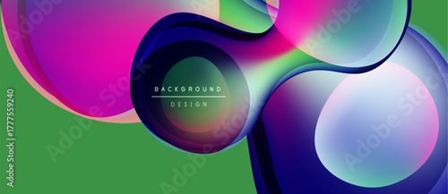 Abstract flowing shapes, vibrant colors, modern design. Green background contrasts with pink, blue layers. Text reads background design.