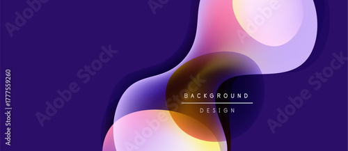 Abstract fluid shapes overlap, creating vibrant color gradients. Dark purple background enhances visual depth, modern design elements present.