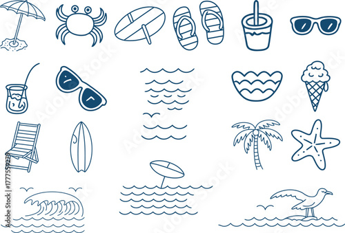 Vibrant hand drawn summer icons for beach vacation fun and relaxation