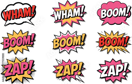 Dynamic comic book sound effect bubbles WHAM BOOM ZAP for action scenes