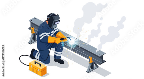 Illustration of a worker welding a metal beam with a welding machine on a white background.