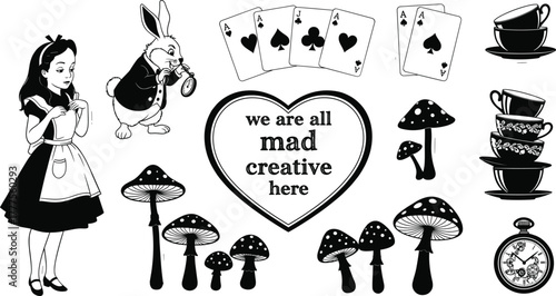 Alice in Wonderland vector illustration, surreal tea party, vintage pocket watch, whimsical mushrooms, creative quote, fantasy rabbit, playing cards, black and white drawing