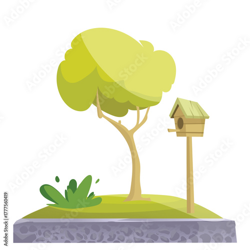 garden with trees and bird houses