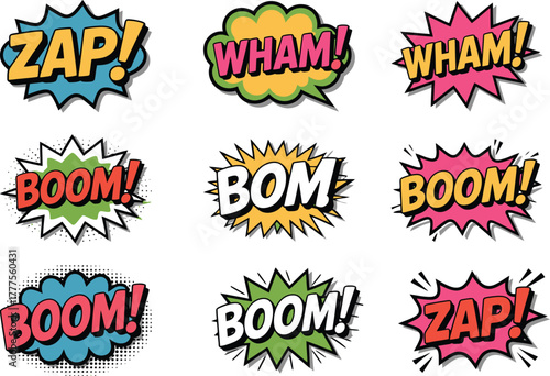 Dynamic comic book sound effects bursting with energy and action