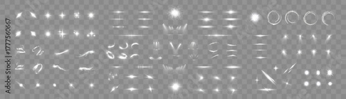 A large set of white glowing light effects, flashes, rings, and motion trails on a transparent background for user interfaces, magic and light overlays. Vector