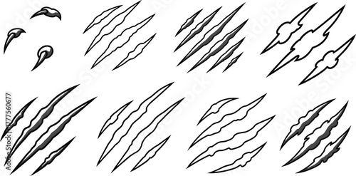 Claw mark vector set, jagged slash designs, animal scratch patterns, aggressive graphic elements, black and white layout, horror theme, wild style artwork