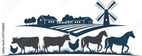 Farm silhouette vector, rural landscape, windmill and barn, cows and horses, chickens, crop rows, trees, fence, dark blue design, countryside scene