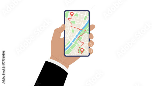 Illustration of a hand holding a smartphone with a map on the screen against a white background.