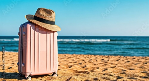 Pink luggage with a straw hat sits on a sandy beach, waves in the background