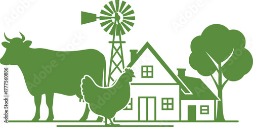 Farm vector illustration, green rural scene, cow and chicken, windmill and farmhouse, tree silhouette, barn building, agricultural landscape, eco-friendly design