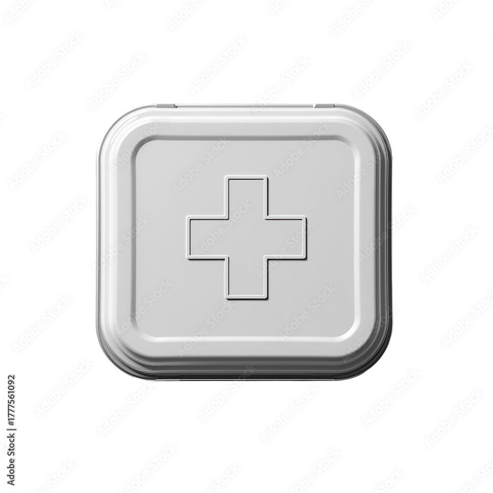 Fototapeta premium Metallic first aid cross symbol on simple white background