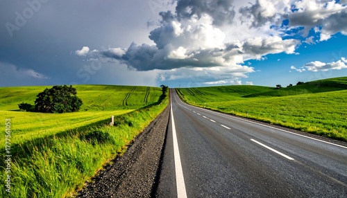 Rural road winds through rolling hills under a dramatic, cloudy sky, bisecting fields of vibrant green grass