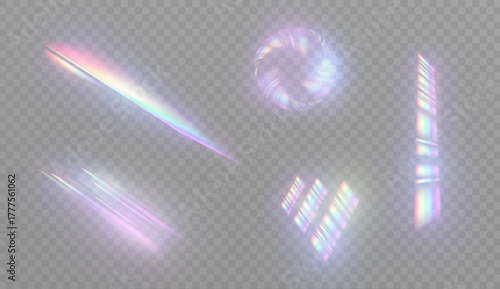 A set of iridescent holographic light effects with soft glow, rays, rings, and stripes on a transparent background. Light refraction and rainbow highlights. Vector