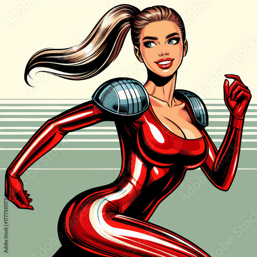 woman in a shiny red bodysuit with armor shoulder pads, running confidently with a smile. Generative ai vector colorful pop art illustration.