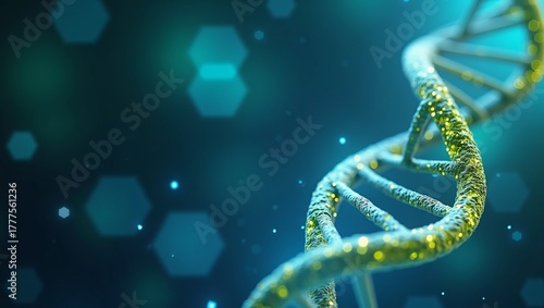 Biotechnology and life science concept with a detailed 3D render of a glowing DNA molecule on a blue background