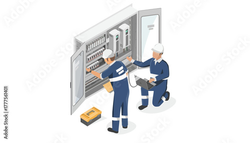 Isometric illustration of two workers in blue uniforms installing equipment with a toolbox nearby against a clean white background.