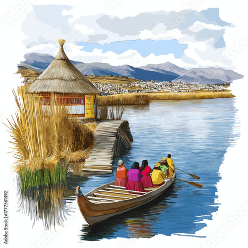 Lake Titicaca. Lake Titicaca hand drawn watercolor illustration