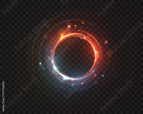 A ring of light with sparks and glare and a neon glow effect. A circular light outline for accents in design and illustrations.